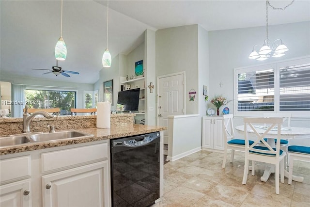 kitchen featuring vaulted ceiling, white cabinetry, black dishwasher, sink, and hanging light fixtures