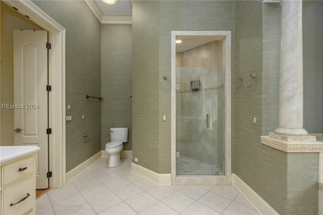 bathroom with crown molding, tile patterned floors, toilet, and an enclosed shower