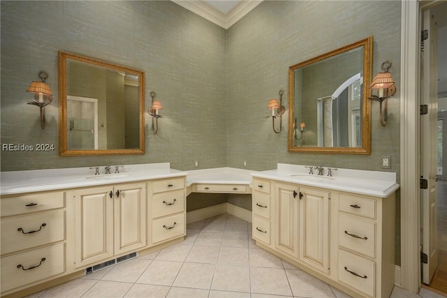 bathroom with vanity, ornamental molding, and tile patterned floors