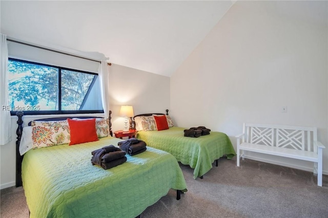 carpeted bedroom with lofted ceiling