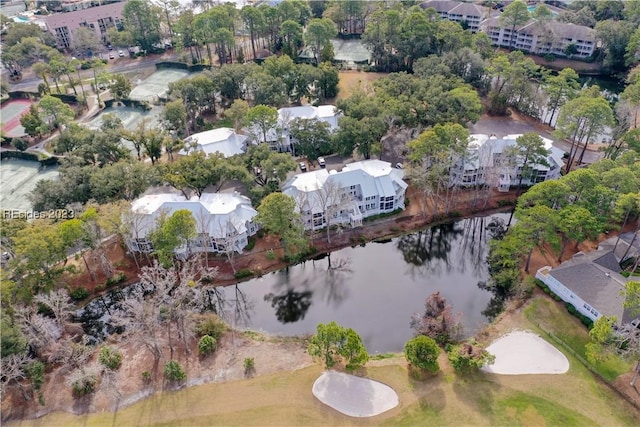 drone / aerial view with a water view