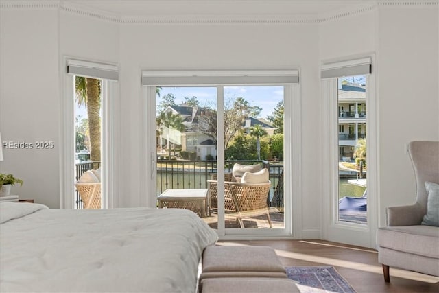 bedroom featuring a water view, access to exterior, multiple windows, and hardwood / wood-style flooring