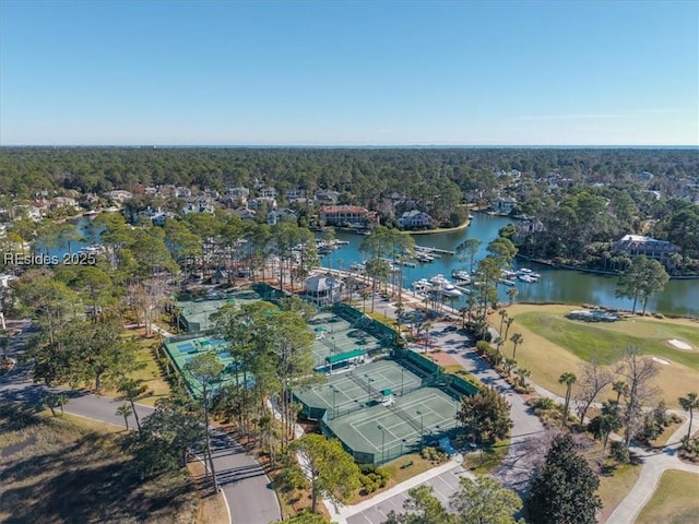 birds eye view of property featuring a water view