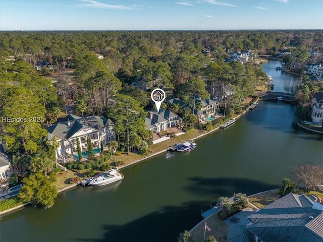 drone / aerial view featuring a water view