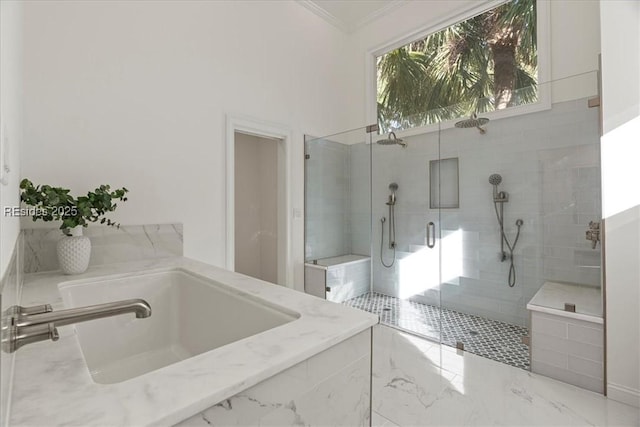 bathroom featuring sink, ornamental molding, and independent shower and bath