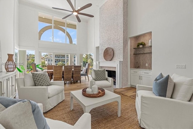 living room featuring a towering ceiling, a fireplace, and light wood-type flooring