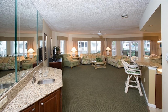 living room featuring a wealth of natural light, sink, and light carpet