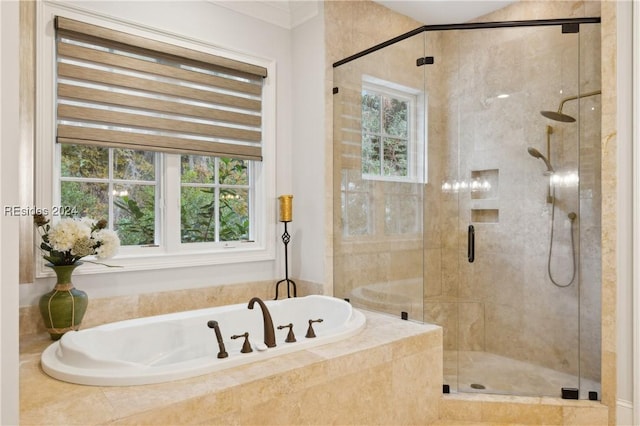 bathroom with shower with separate bathtub