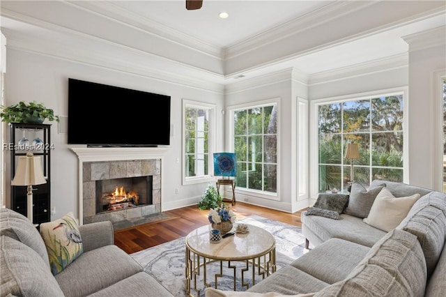 living room with ceiling fan, ornamental molding, a fireplace, and hardwood / wood-style floors