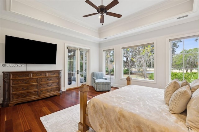 bedroom featuring multiple windows, ornamental molding, access to outside, ceiling fan, and dark wood-type flooring