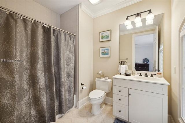 bathroom featuring vanity, toilet, crown molding, tile patterned floors, and a shower with shower curtain