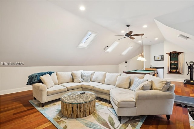 living room with lofted ceiling with skylight, hardwood / wood-style floors, ceiling fan, and billiards