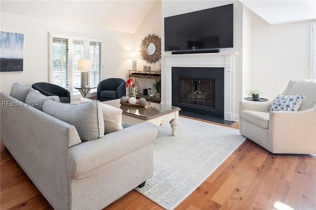 living room with vaulted ceiling and wood-type flooring