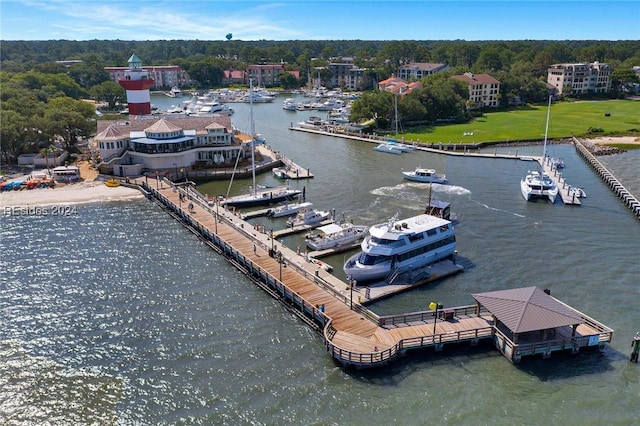 drone / aerial view featuring a water view