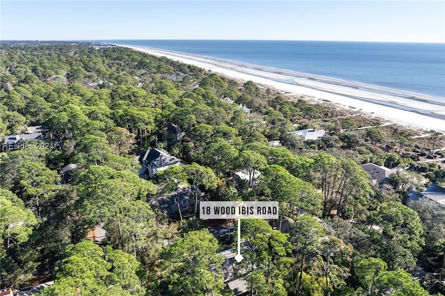 bird's eye view featuring a water view and a view of the beach