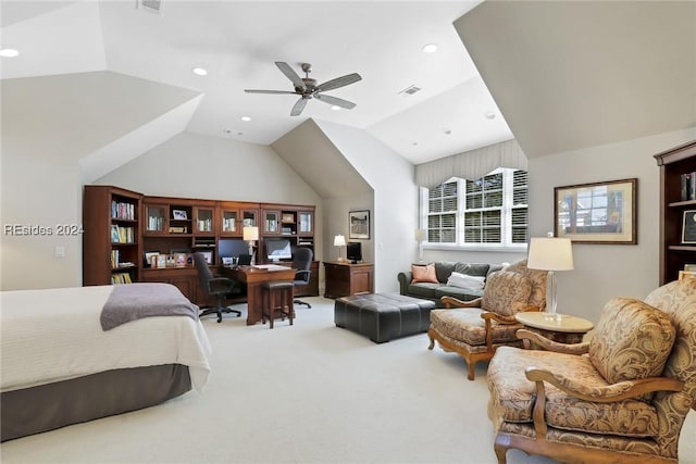 bedroom with lofted ceiling and carpet floors