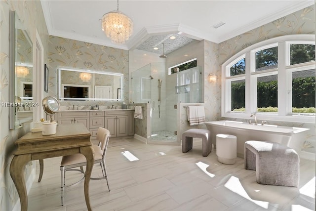 bathroom with a chandelier, vanity, crown molding, and independent shower and bath