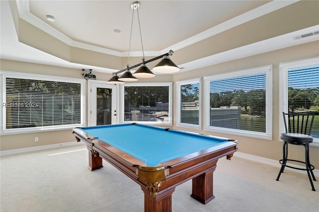 playroom featuring light carpet, crown molding, and pool table