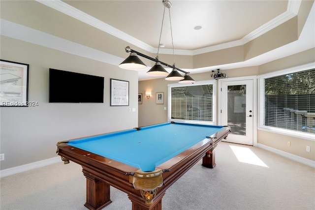 game room with crown molding, carpet flooring, billiards, and a tray ceiling