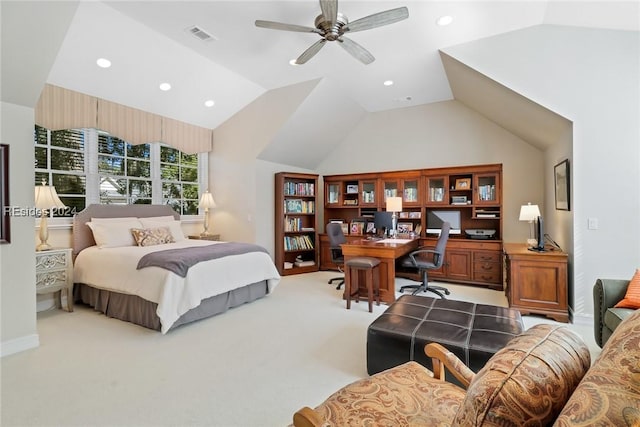 bedroom with light carpet, vaulted ceiling, and ceiling fan