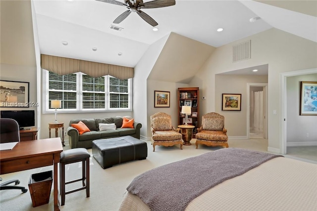 bedroom featuring light carpet, vaulted ceiling, and ceiling fan