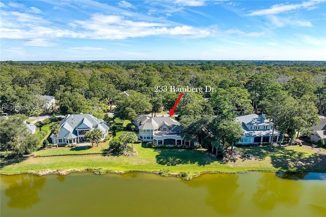 aerial view featuring a water view