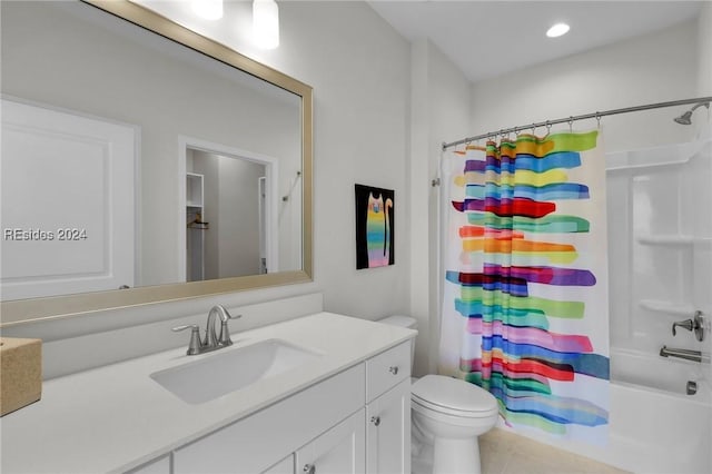 full bathroom featuring tile patterned flooring, vanity, shower / tub combo with curtain, and toilet