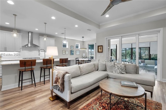 living room with crown molding and light hardwood / wood-style flooring