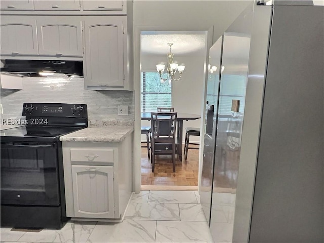 kitchen featuring hanging light fixtures, black range with electric stovetop, white cabinets, stainless steel fridge with ice dispenser, and a chandelier