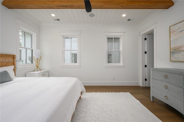 bedroom featuring dark wood-type flooring, beam ceiling, and wooden ceiling