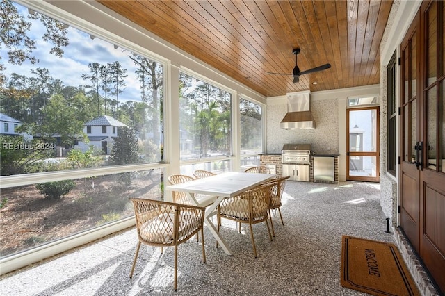 sunroom / solarium with ceiling fan, a healthy amount of sunlight, and wooden ceiling