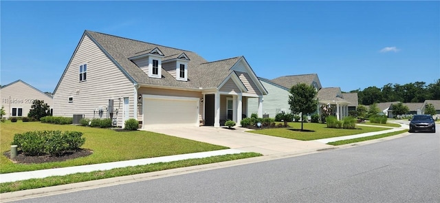 cape cod house featuring a garage, central AC unit, and a front lawn