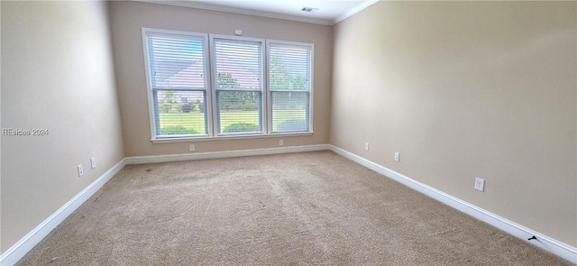 empty room with light carpet and crown molding