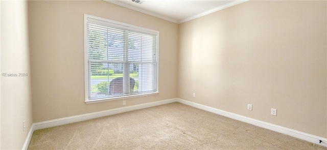 carpeted spare room featuring crown molding