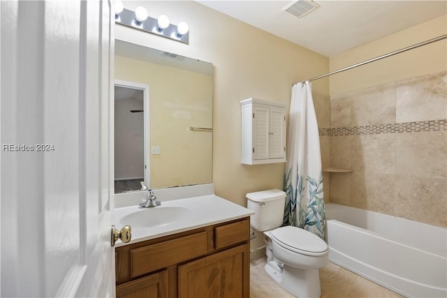 full bathroom featuring vanity, shower / tub combo with curtain, and toilet