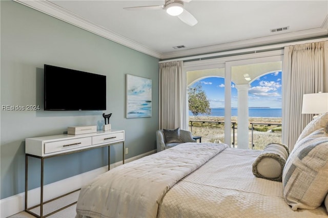 bedroom with crown molding, access to exterior, and ceiling fan