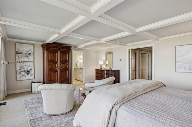 carpeted bedroom featuring coffered ceiling, connected bathroom, ornamental molding, and beamed ceiling