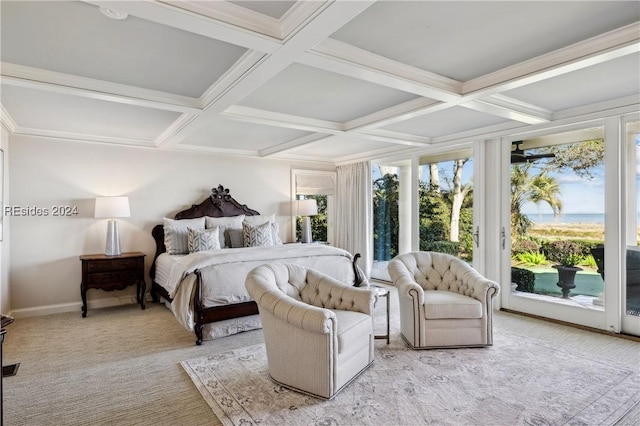 bedroom featuring light colored carpet, coffered ceiling, beam ceiling, and access to outside