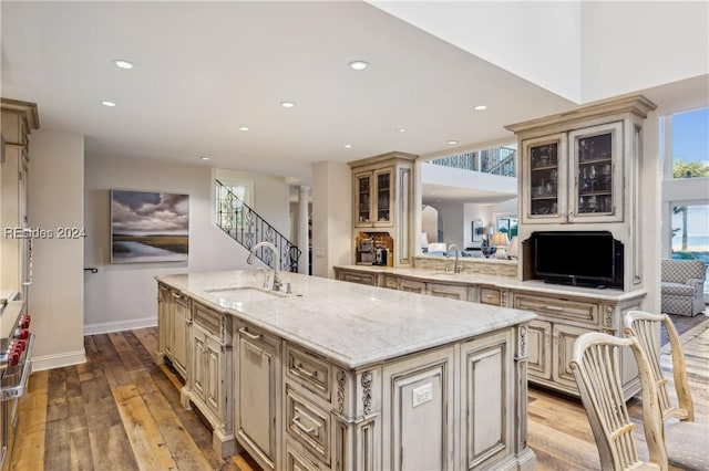 kitchen with a kitchen island with sink, sink, light stone counters, and hardwood / wood-style flooring