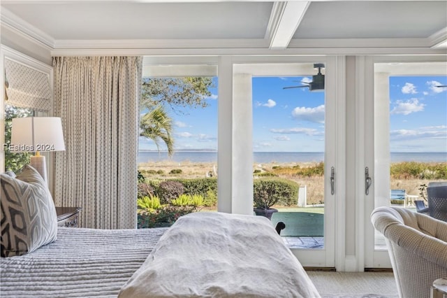 bedroom with a water view, ornamental molding, access to exterior, and beamed ceiling