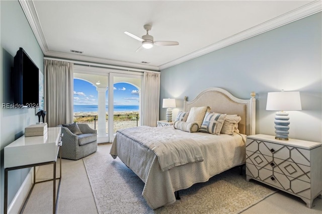 bedroom featuring ornamental molding, a water view, access to exterior, and ceiling fan