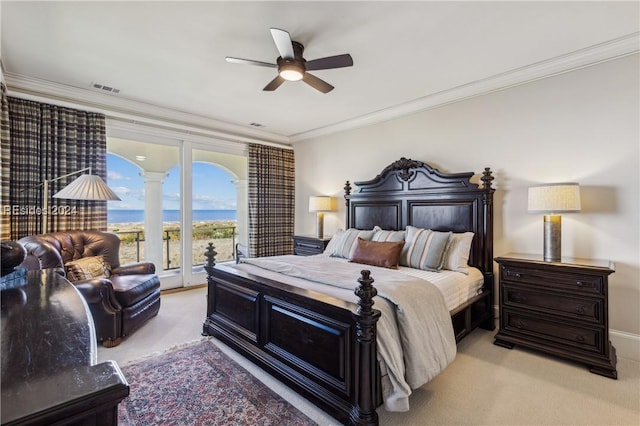 carpeted bedroom featuring crown molding, access to exterior, and ceiling fan