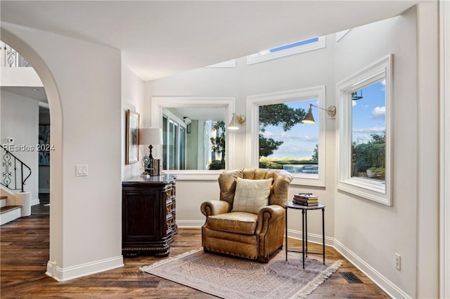 sitting room with dark wood-type flooring and vaulted ceiling