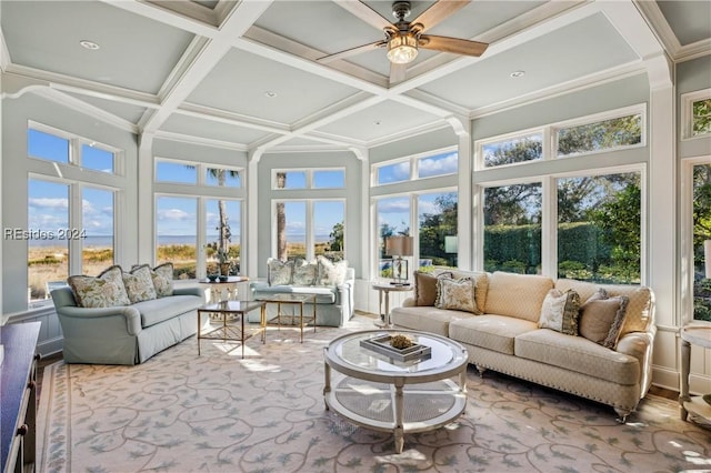 sunroom / solarium with coffered ceiling, beam ceiling, and ceiling fan