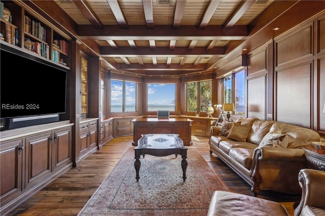 living room featuring dark hardwood / wood-style flooring, beam ceiling, wooden ceiling, and wood walls