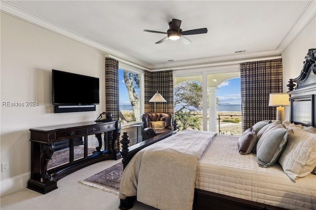 bedroom featuring access to exterior, carpet floors, ornamental molding, and ceiling fan