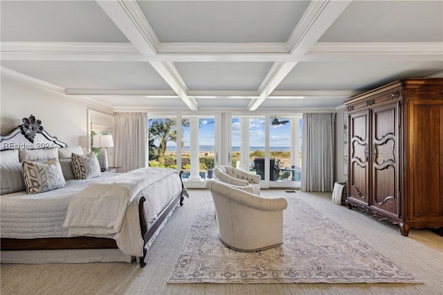 bedroom featuring beam ceiling, coffered ceiling, ornamental molding, light carpet, and access to outside