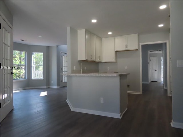 kitchen with dark hardwood / wood-style floors, light stone countertops, and white cabinets