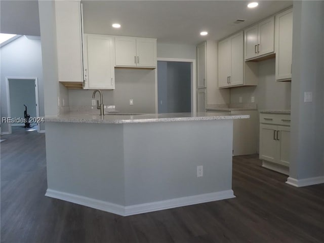 kitchen with dark hardwood / wood-style flooring, light stone countertops, sink, and white cabinets