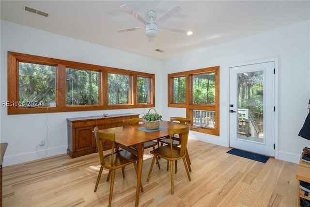 dining area with ceiling fan and light hardwood / wood-style floors